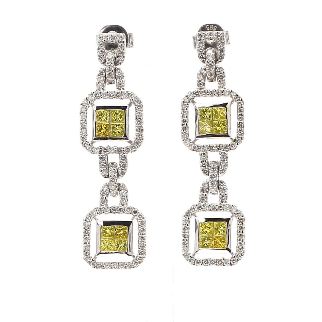 Drop-earrings with round diamonds & 2x2 FY princess cut diamond centers. D1.10ct.t.w. Fancy Yellow 1.15ct.t.w.