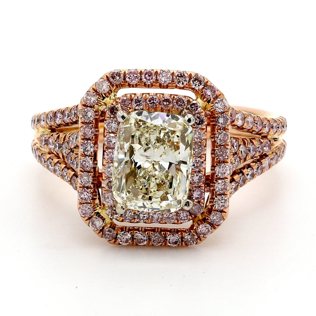 Double halo triple split shank ring in 14K RG with french pave set pink diamonds and USA certified H/VS1 cushion cut center. D2.34ct.t.w. (Center 1.50ct.)
