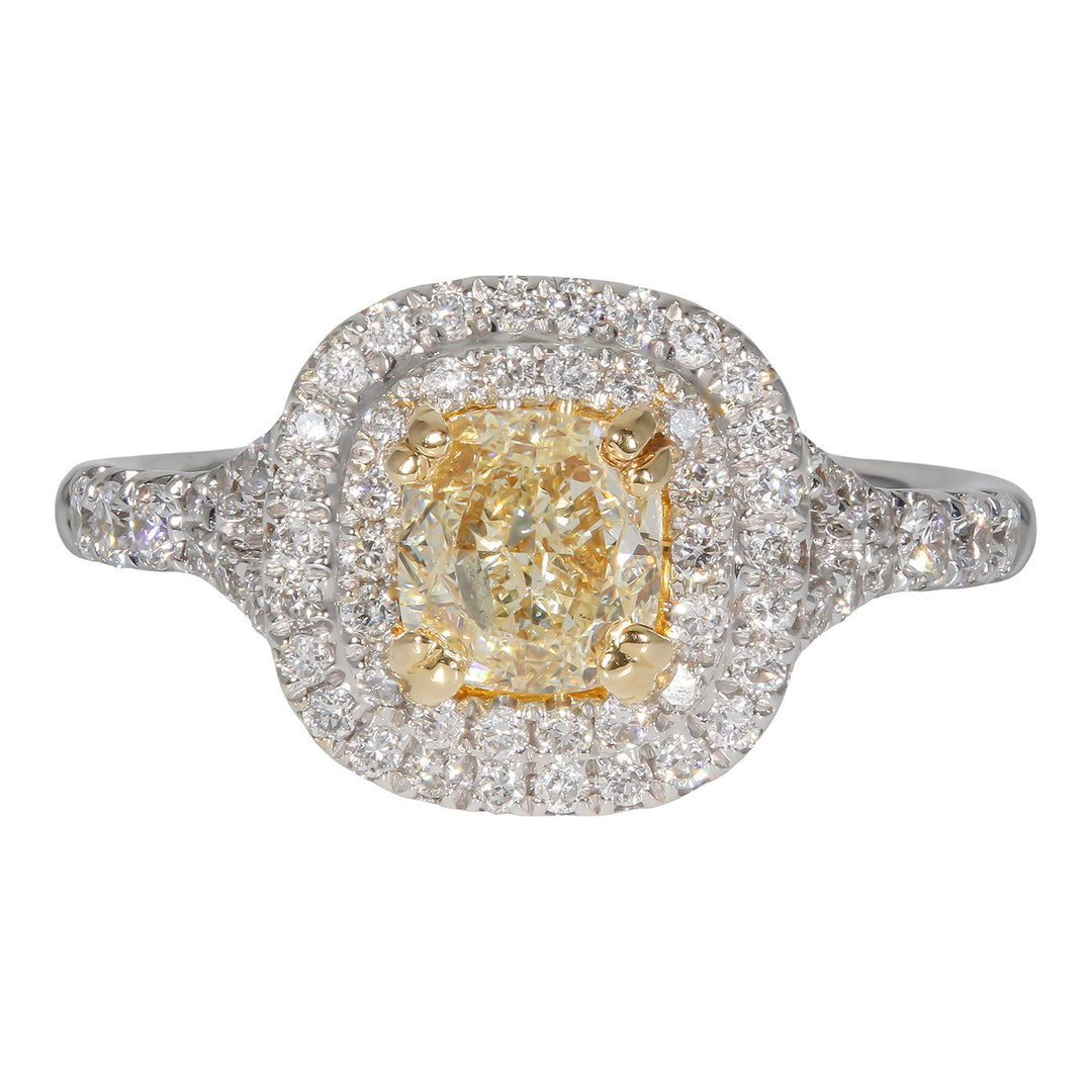 Halo semi split shank ring in 18K WG with prong set rounds around GIA certifid FLY/VS2 cushion cut diamond center stone. D1.48ct.t.w. (Center 1.00ct.)
