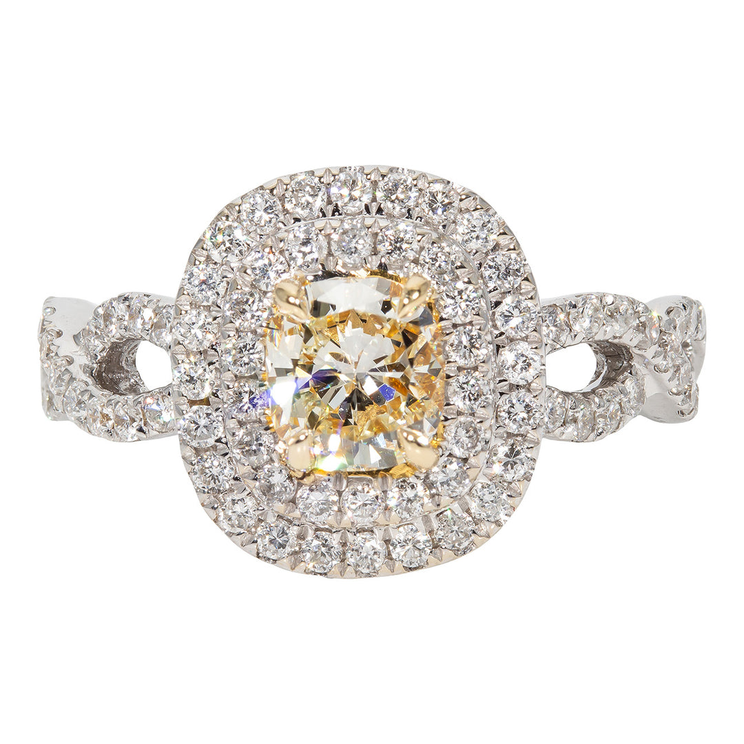 Double halo ring in 18K WG with French pave and pre-set rounds around 4-prong set FY cushion cut diamond center stone. D0.62ct.t.w. (Center 0.72ct.) Size 6.75