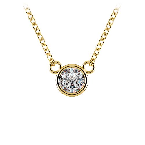 Solitaire necklace in yellow gold with bezel set round diamond. D0.22ct.t.w.