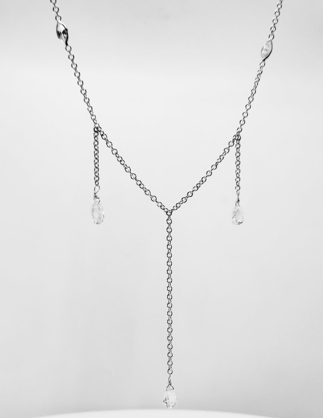 18"" Drop necklace in 18K WG with bezel set trilliant, marquise, & briolette diamonds. D2.61ct.t.w.