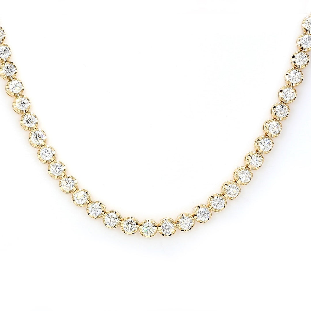 16"" Tennis necklace in yellow gold with crown style head 4-prong set (121) round diamonds. D4.97ct.t.w.