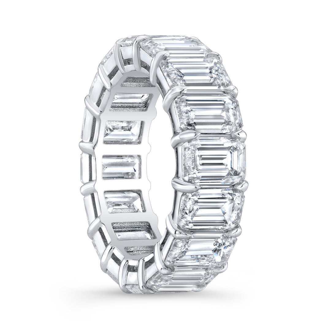 Eternity band in platinum with claw shared prong basket set GIA certified I-J/VVS1-VS2 (14) emerald cut diamonds. D14.28ct.t.w. Size 6.25