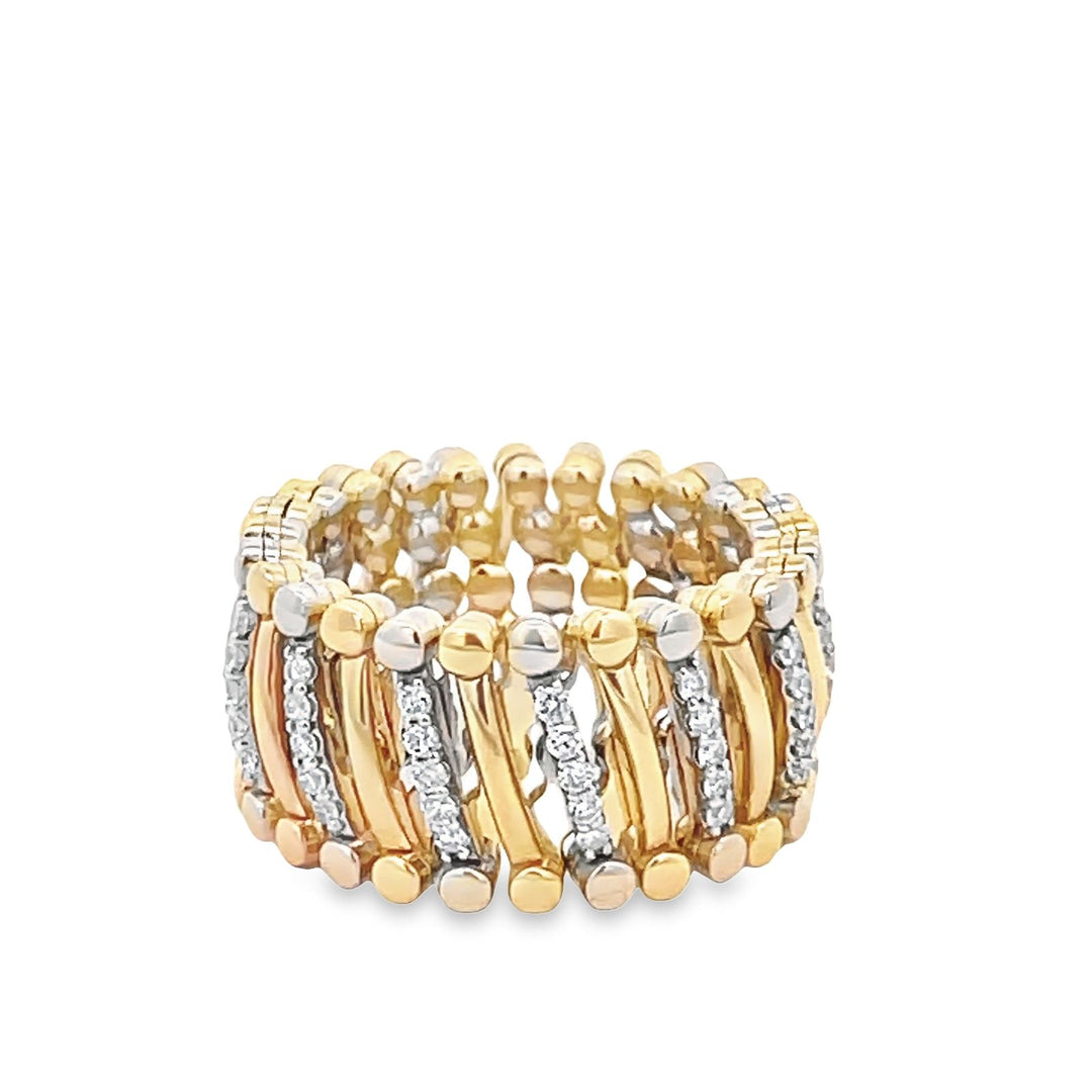 Expandable wide band in 18K YG with prong set round diamonds. D0.66ct.t.w. Size 7