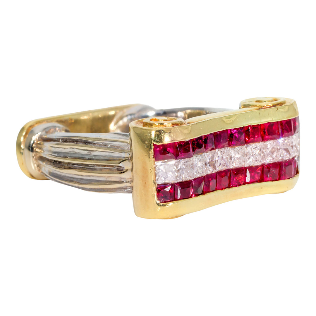 Scroll style band in 14K two-tone with 3-row invisble set princess cut diamonds and rubies.  D0.60ct.t.w.  Rubies 1.70ct.t.w.