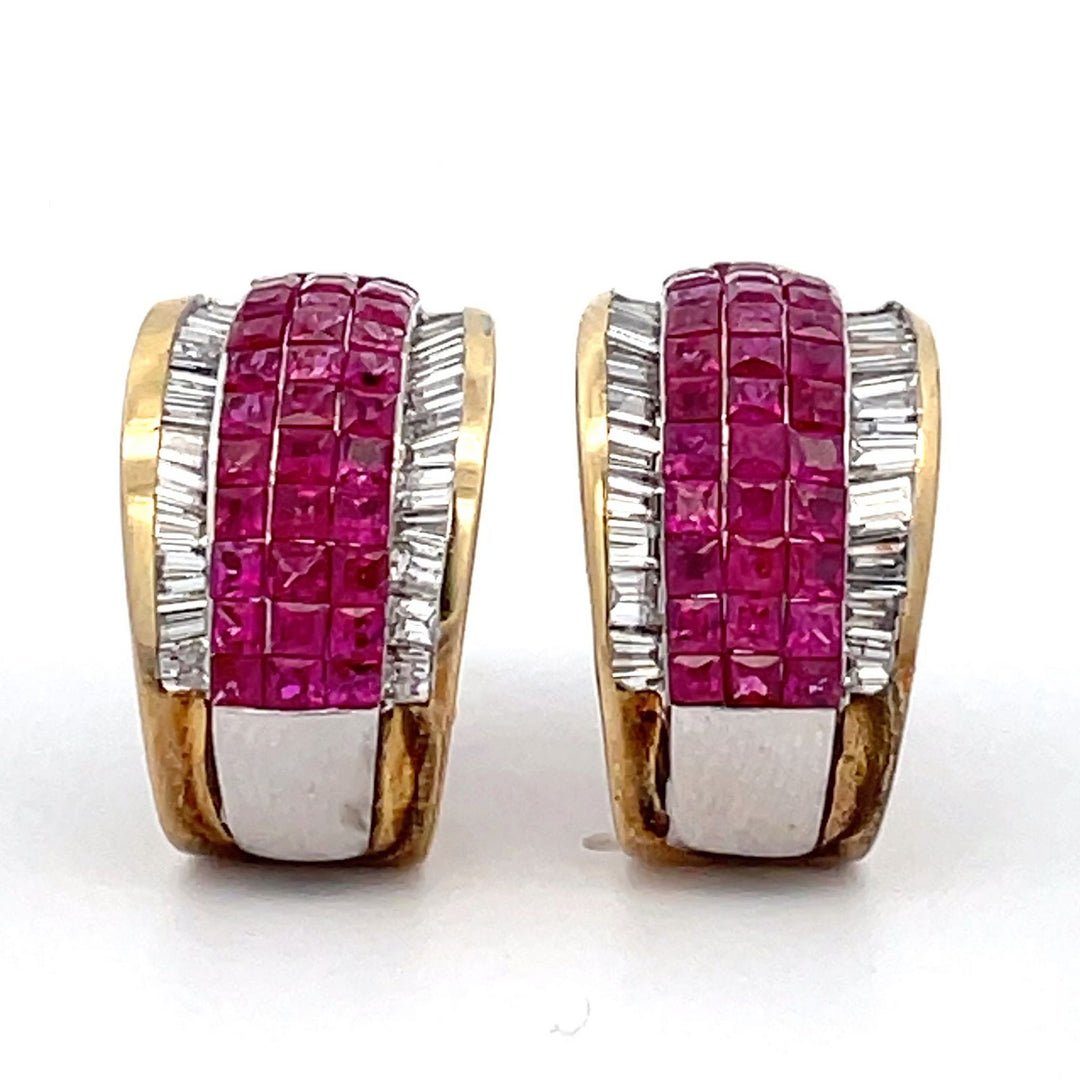 French clip earrings in yellow gold with channel set baguette diamonds & 3-row invisible set rubies.   D2.45ct.t.w.  (Ruby - 3.52ct.t.w.)