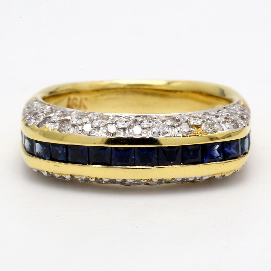 Square shaped band in 18K YG with round diamonds & princess cut sapphires.  D0.80ct.t.w.  Sapphires 0.96ct.t.w.