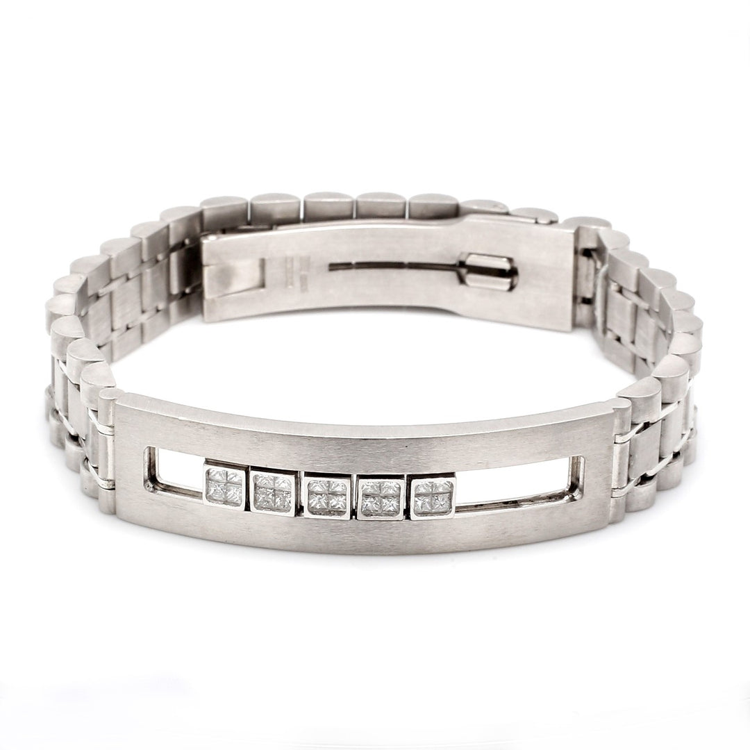 Mens brush finished ID bracelet with 5 moving 2x2 invisible set princess cut diamonds.  D0.82ct.t.w.