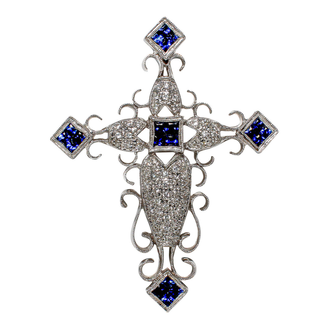 Antique style cross pendant in 18K WG with pave set round diamonds and 2x2 invisible princess cut sapphires.  D0.39ctt.w.  Sapphire 1.50ct.t.w.
