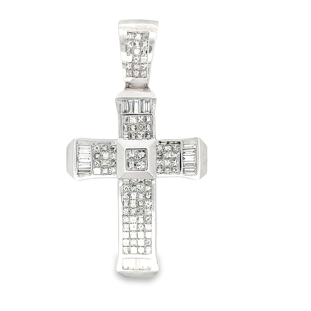 Cross pendant with 4x4 invisible set princess cuts and channel set baguette diamonds.  D8.40ct.t.w.