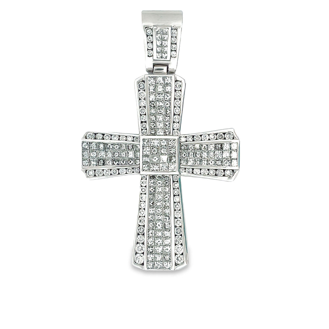 Cross pendant in 18K WG with invisible set princess cut and channel set round diamonds.  D13.05ct.t.w.