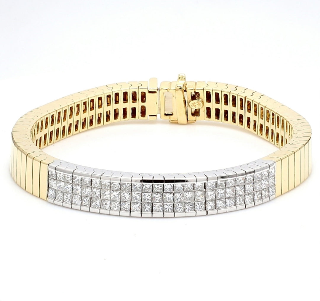 ID bracelet in two-tone with 3-row princess cut diamonds.  D3.00ct.t.w.