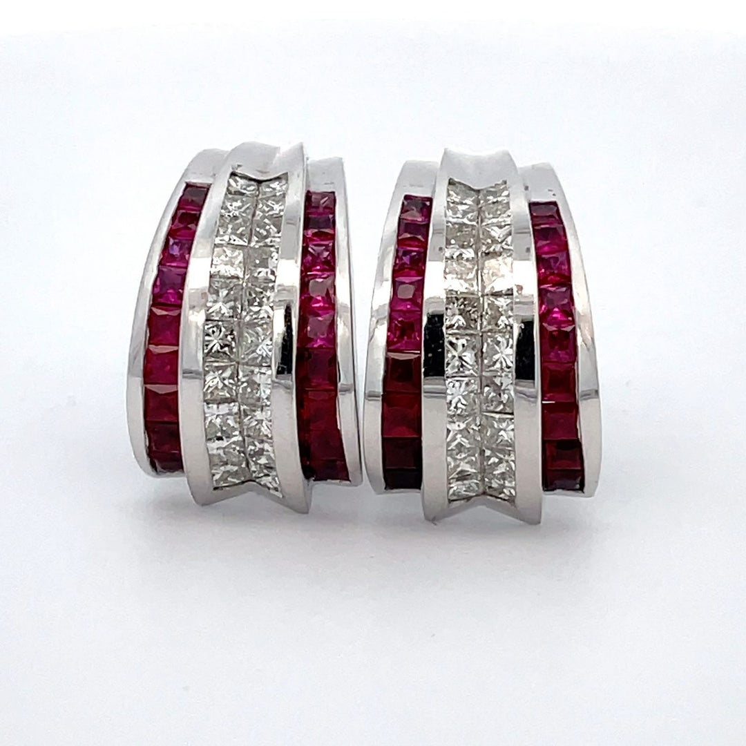 French clip earrings with 2-row invisible set princess cut diamonds on center & channel set princess cut rubies on the sides.  D2.52ct.t.w.  (Ruby - 2.62ct.t.w.)