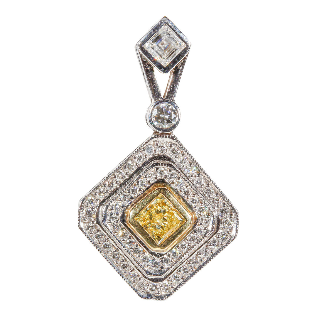 Pendant in 14K two-tone with pave and bezel set rounds,  square bezel set asscher cuts, and square bezel set princess cut shaped fancy yellow diamond center stone.  D1.04ct.t.w.