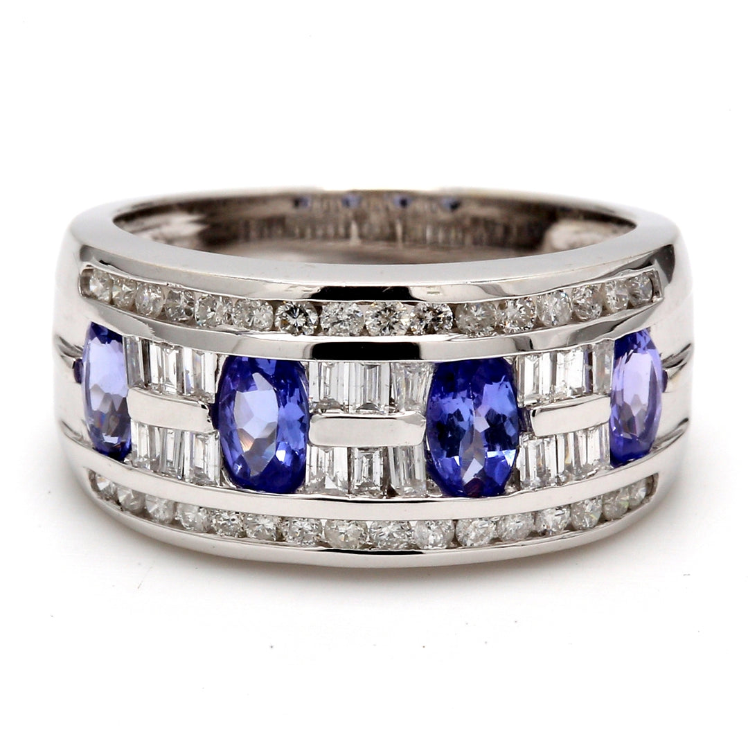 Band with round and baguette diamonds, & oval tanzanites.  D1.50ctt.w.  Tanzanite 1.20ct.t.w.