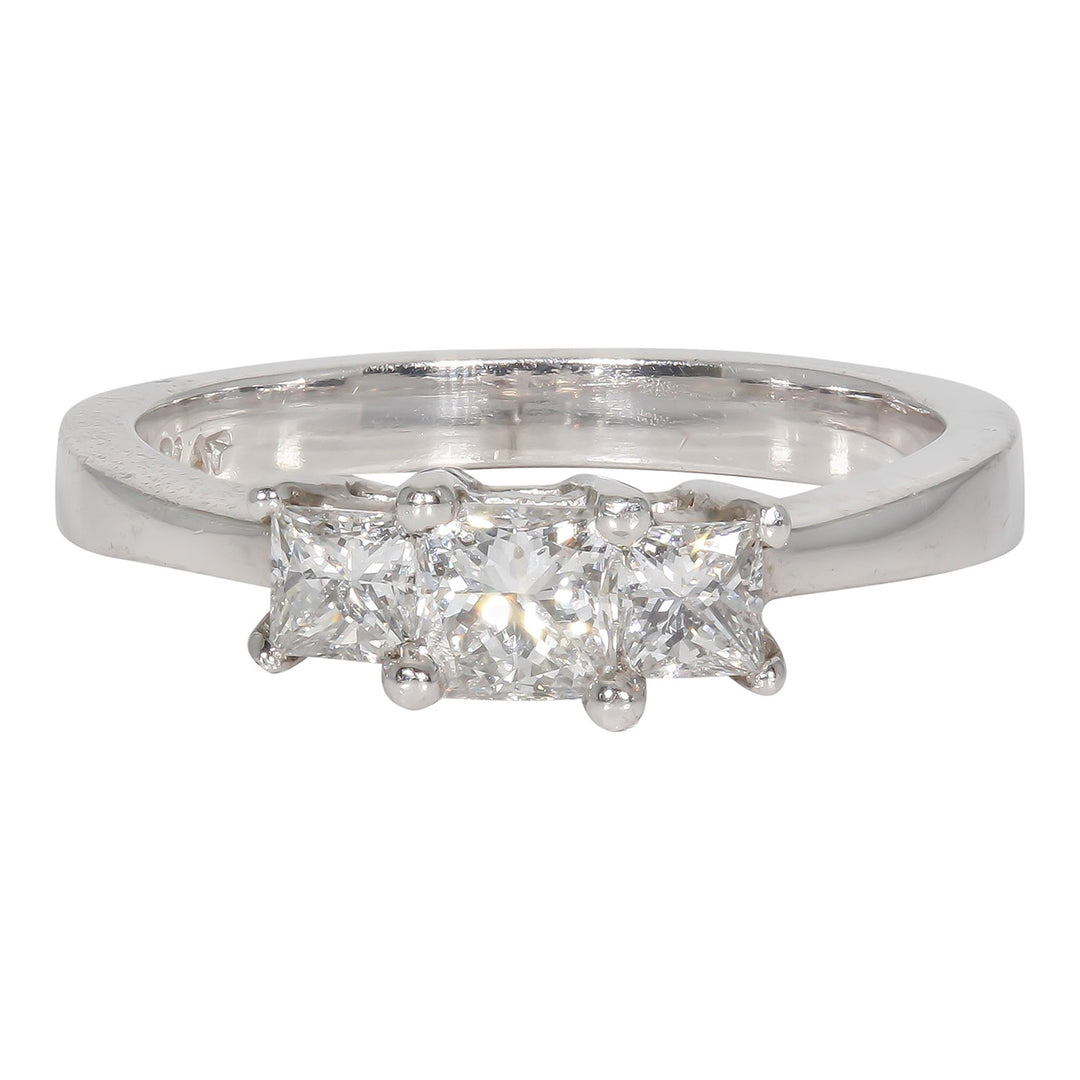 3-stone ring in platinum with prong set princess cut diamonds.  D0.70ct.t.w.
