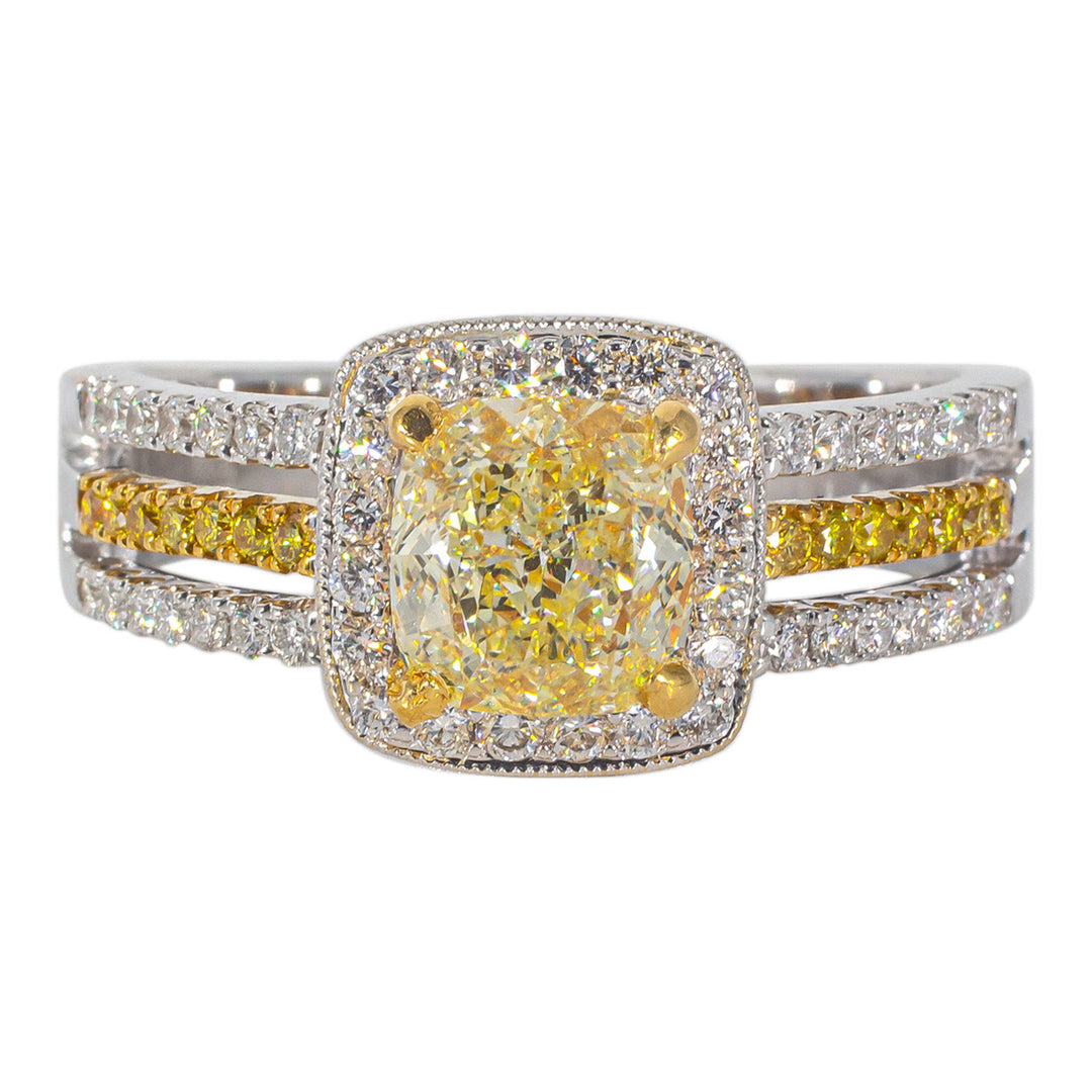 Halo semi-mount with milgrain details on shank, pave set white and fancy yellow round diamonds.  D1.00ct.t.w.