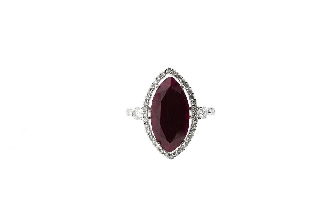 Halo ring with round diamonds & USA certified marquise cut natural ruby center.  D0.50ct.t.w.  Ruby 6.16ct.