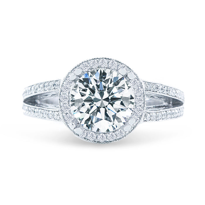 Halo split-shank semi-mount with round diamonds & milgrain details.  D0.38ct.t.w.