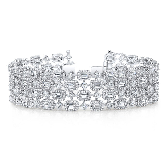 Designer wide bracelet with alternating halo with emerald cut & prong set round diamonds.  D20.45ct.t.w.