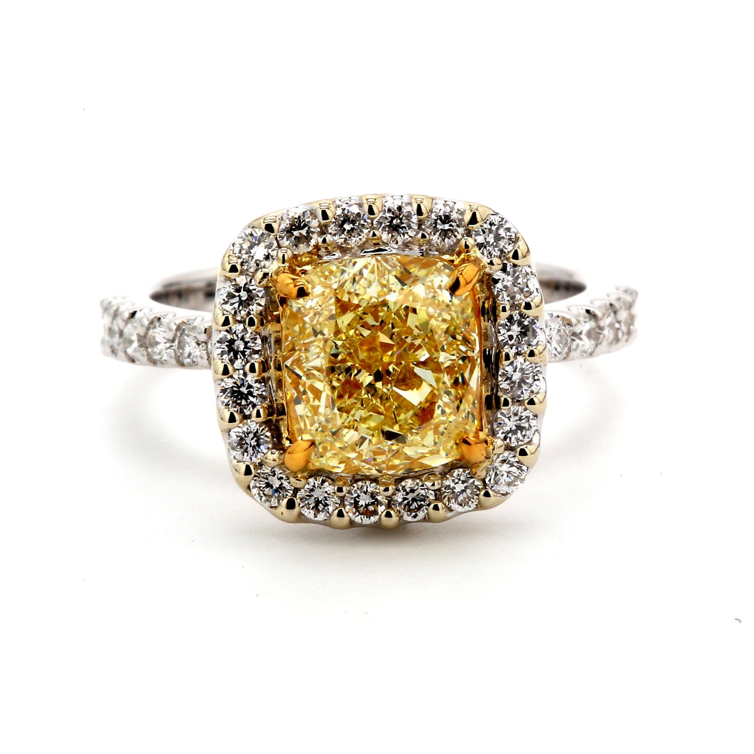 Halo ring in 18K WG with GIA certified FY/VS1 cushion cut center & french pave set round diamonds.  D3.53ct.t.w.  (Center 2.72ct.)  Size 6.25
