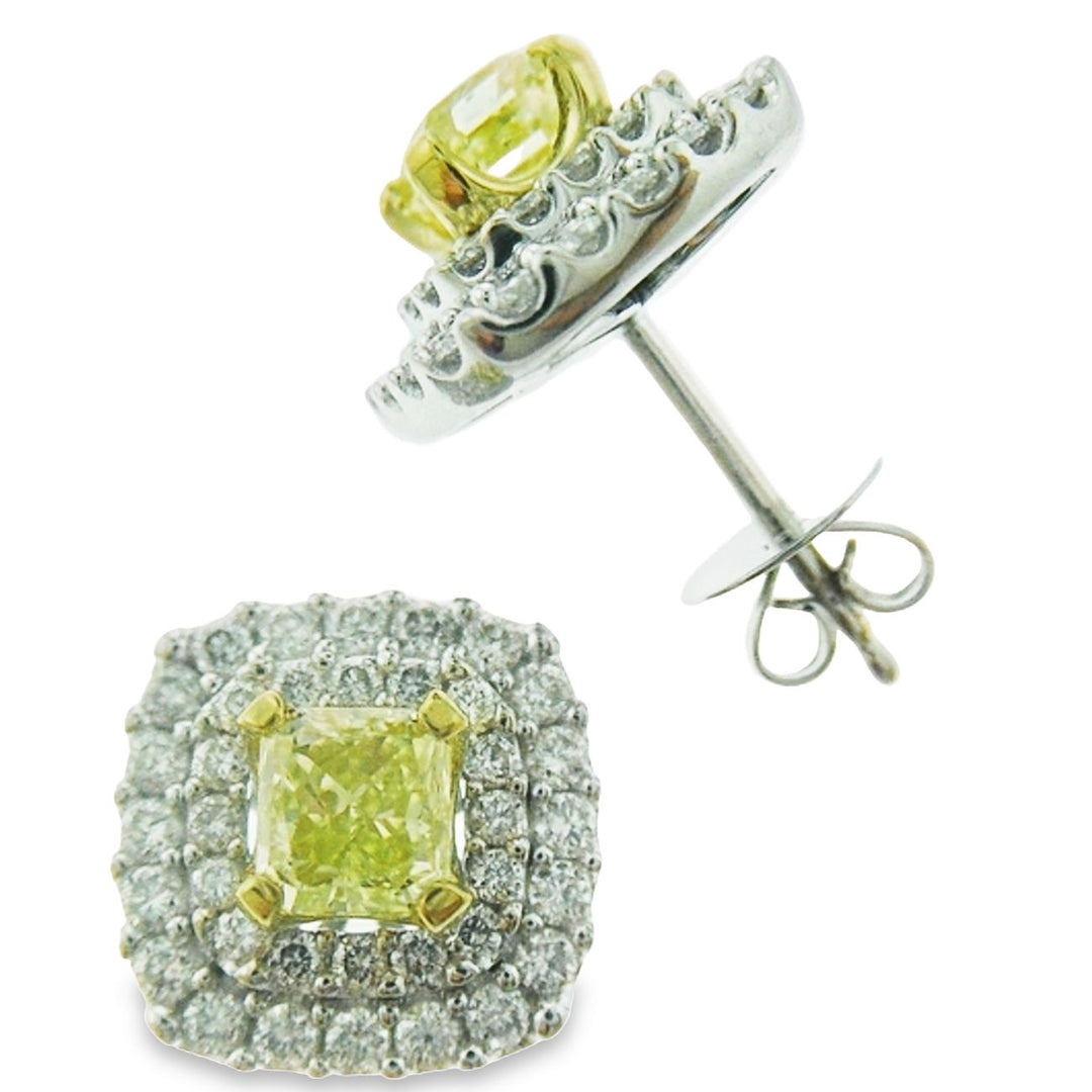 Double halo stud earrings in 18K WG with prong set GIA certified FLY-FY/VVS2-VS1 cushion cut diamond center stones.  D2.25ct.t.w.