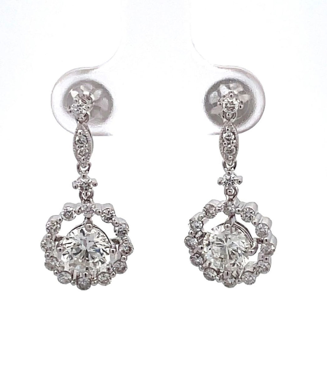 Halo dangling earrings in 18K WG with prong set round diamonds.   D2.11ct.t.w.