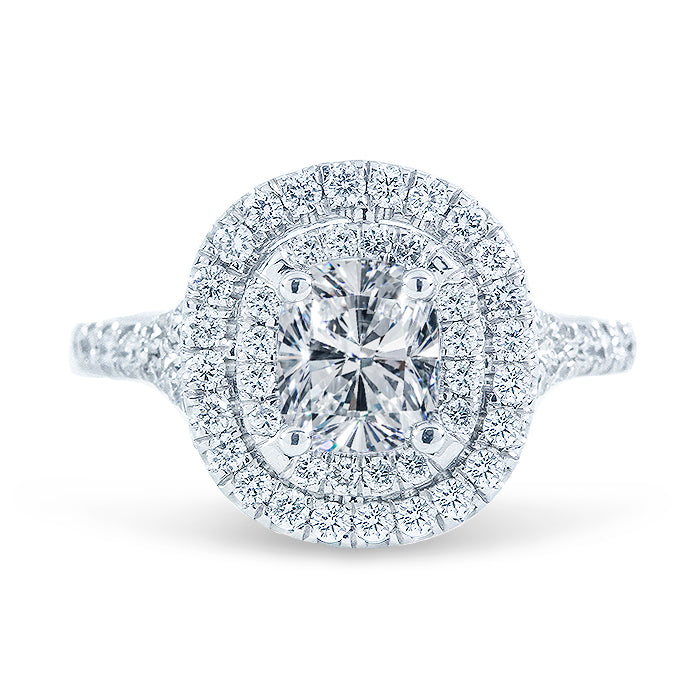 Double halo semi mount with french pave set round diamonds.  D0.72ct.t.w.