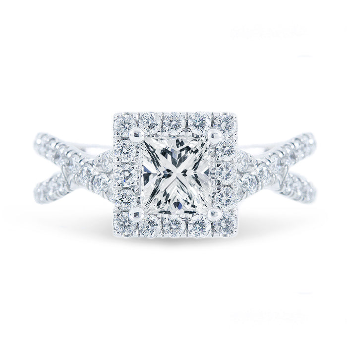 Halo criss-cross shank semi-mount with french pave set round diamonds.  D0.75ct.t.w.