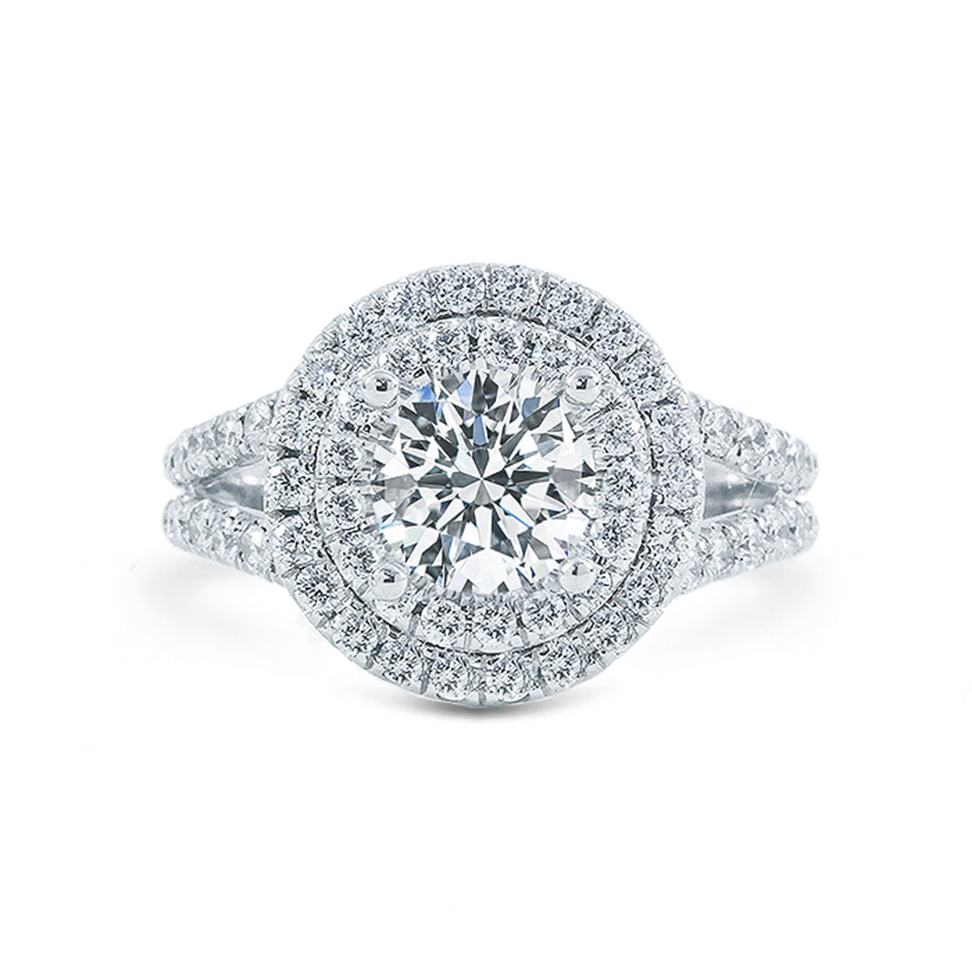 Double halo split-shank semi-mount with french pave set round diamonds.  D0.82ct.t.w.