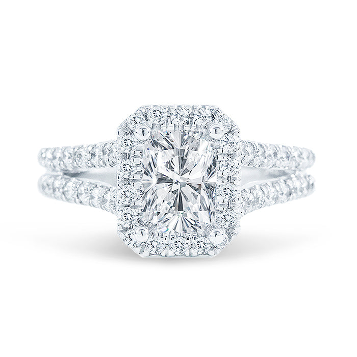 Halo split-shank semi-mount with U-prong set round diamonds.  D0.60ct.t.w.