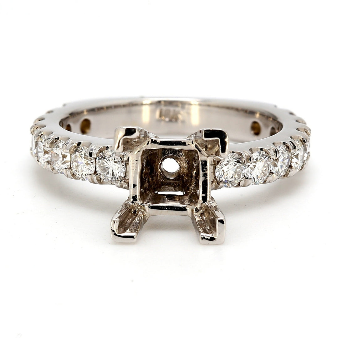 Square bottom shank semi-mount in 18K WG with U-prong set round diamonds.  D1.02ct.t.w.
