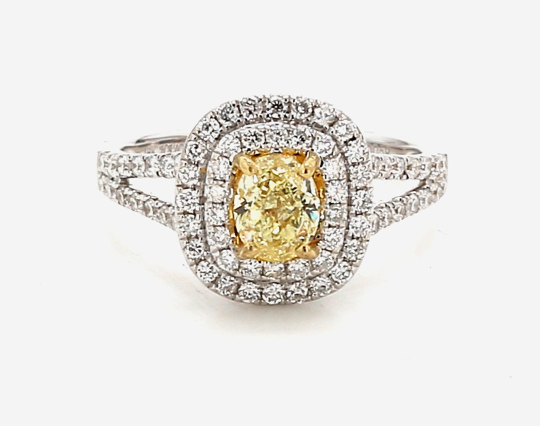 Double halo split shank ring in 18K WG with GIA certified FLY/SI1 oval center and pre-set round diamonds.  D1.44ct.t.w.  (Center - 0.85ct.)  Size 6.5