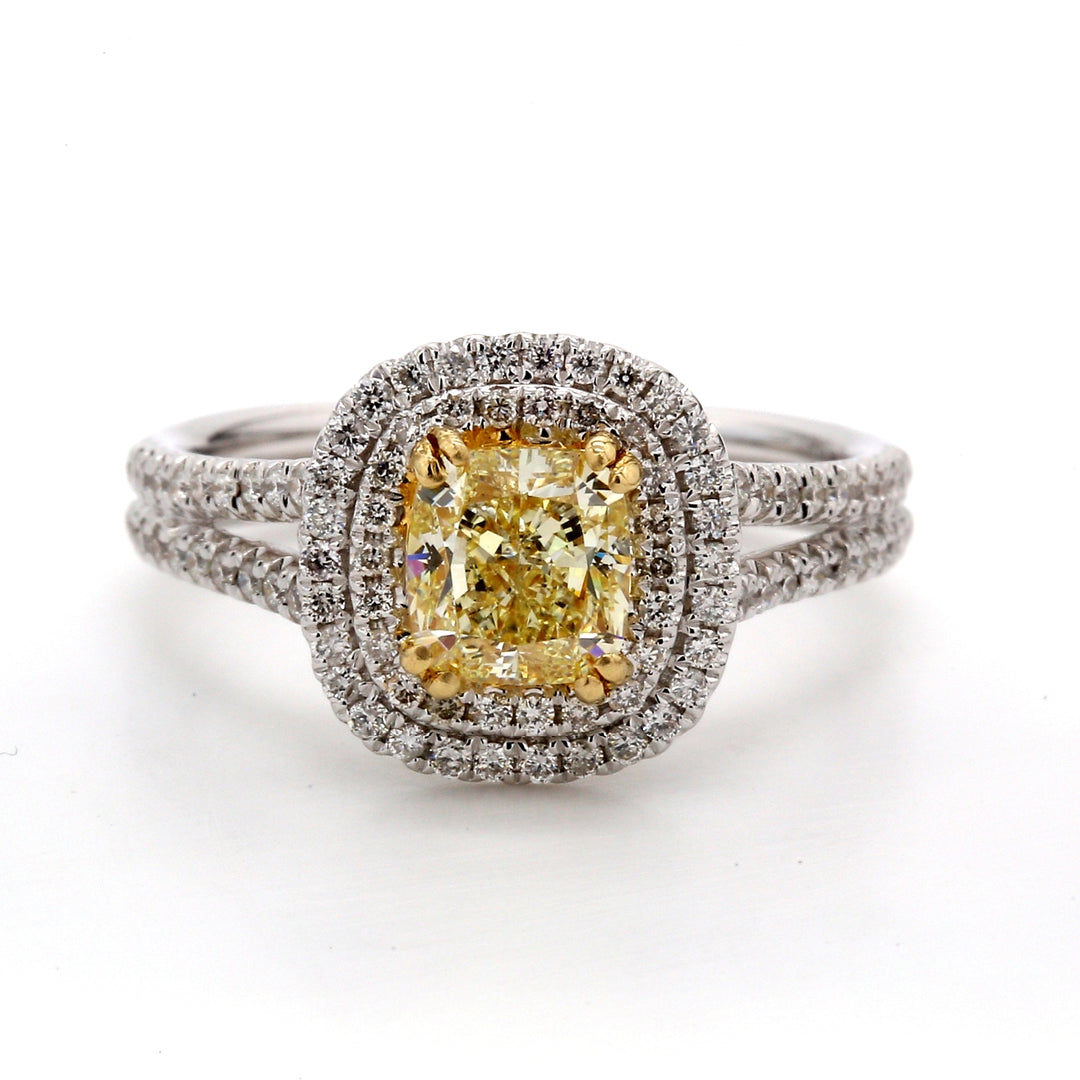 Double halo ring with 4-prong set GIA certified FLY/VVS2 cushion cut center & prong set round diamonds.  D1.66ct.t.w.  (Center 1.21ct.)  Size 6.75