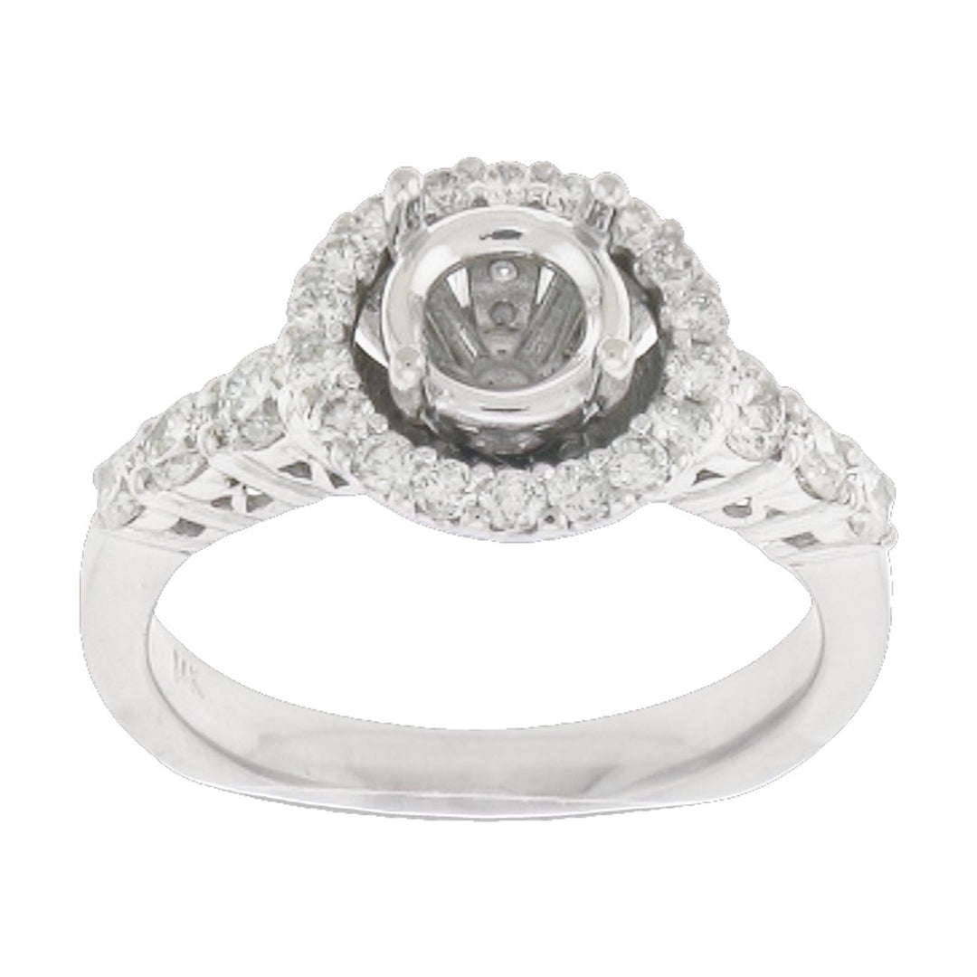 Double halo semi-mount with shared U-prong set round diamonds.  D0.87ct.t.w.