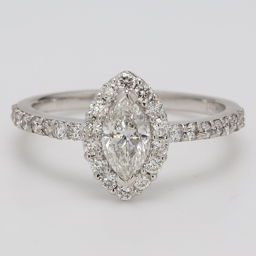 Halo ring with 2-prong set V-tip marquise center & shared prong set round diamonds.  D1.12ct.t.w.  (Center 0.56ct.)  Size 7