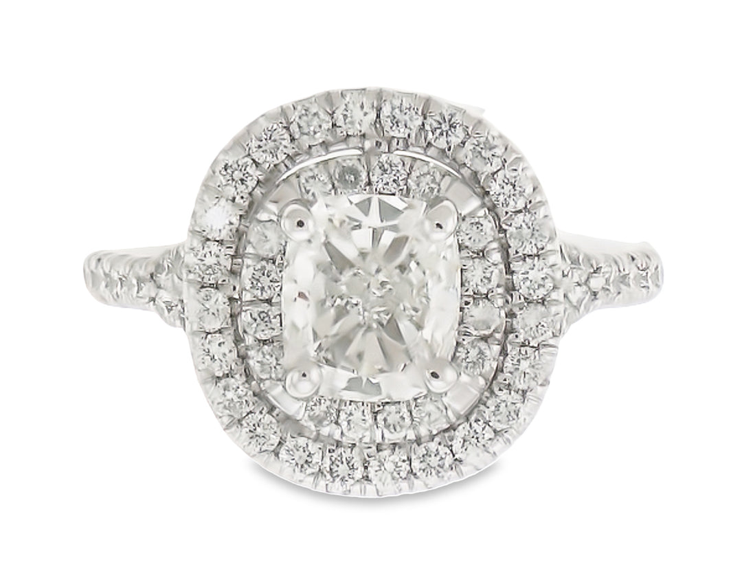 Double halo split shank semi-mount with French pave set round diamonds.  D0.72ct.t.w.
