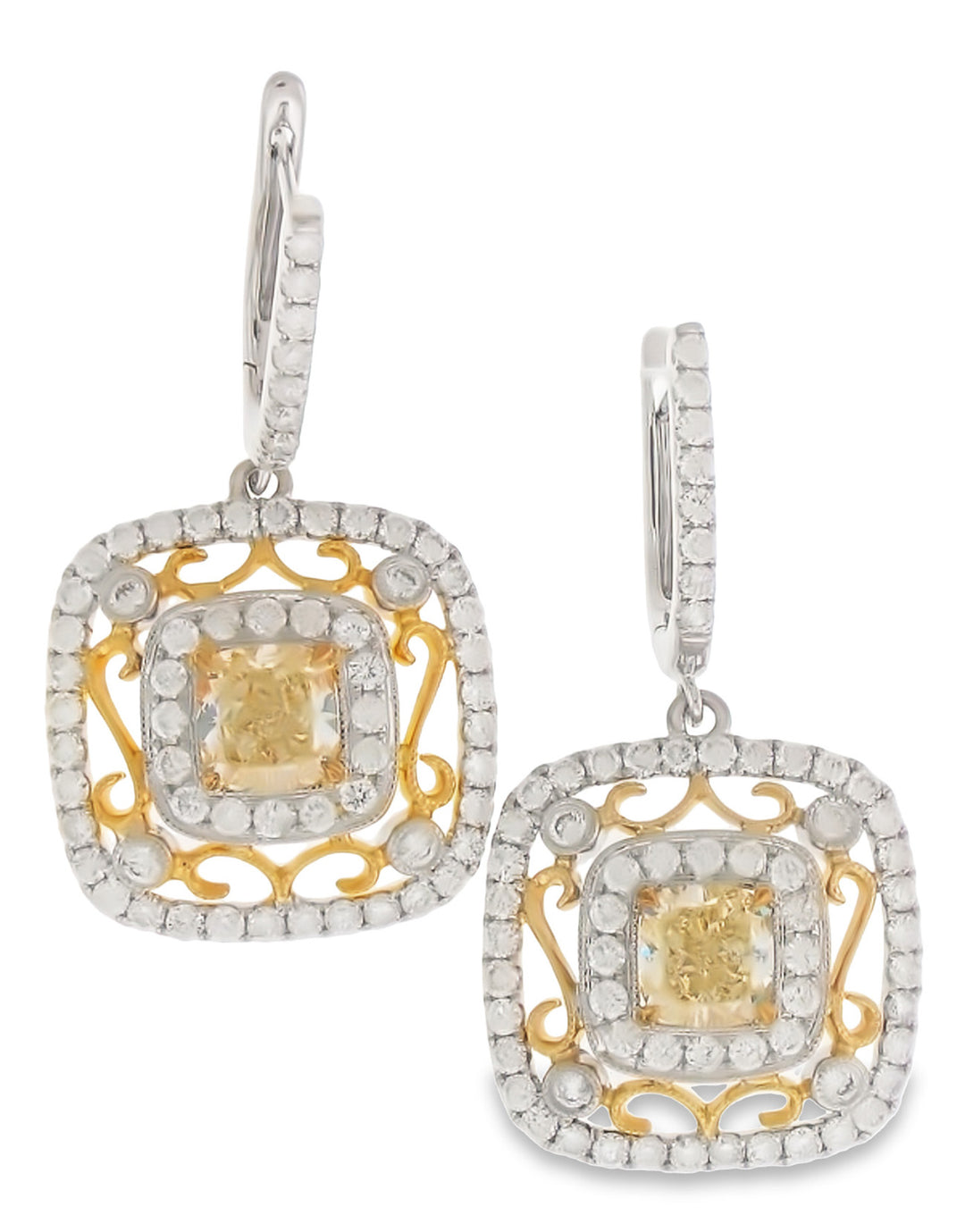 Dangling semi-mount earrings in 18K 2-tone with Filigree design and U-prong set round diamonds.  D2.42ct.t.w.