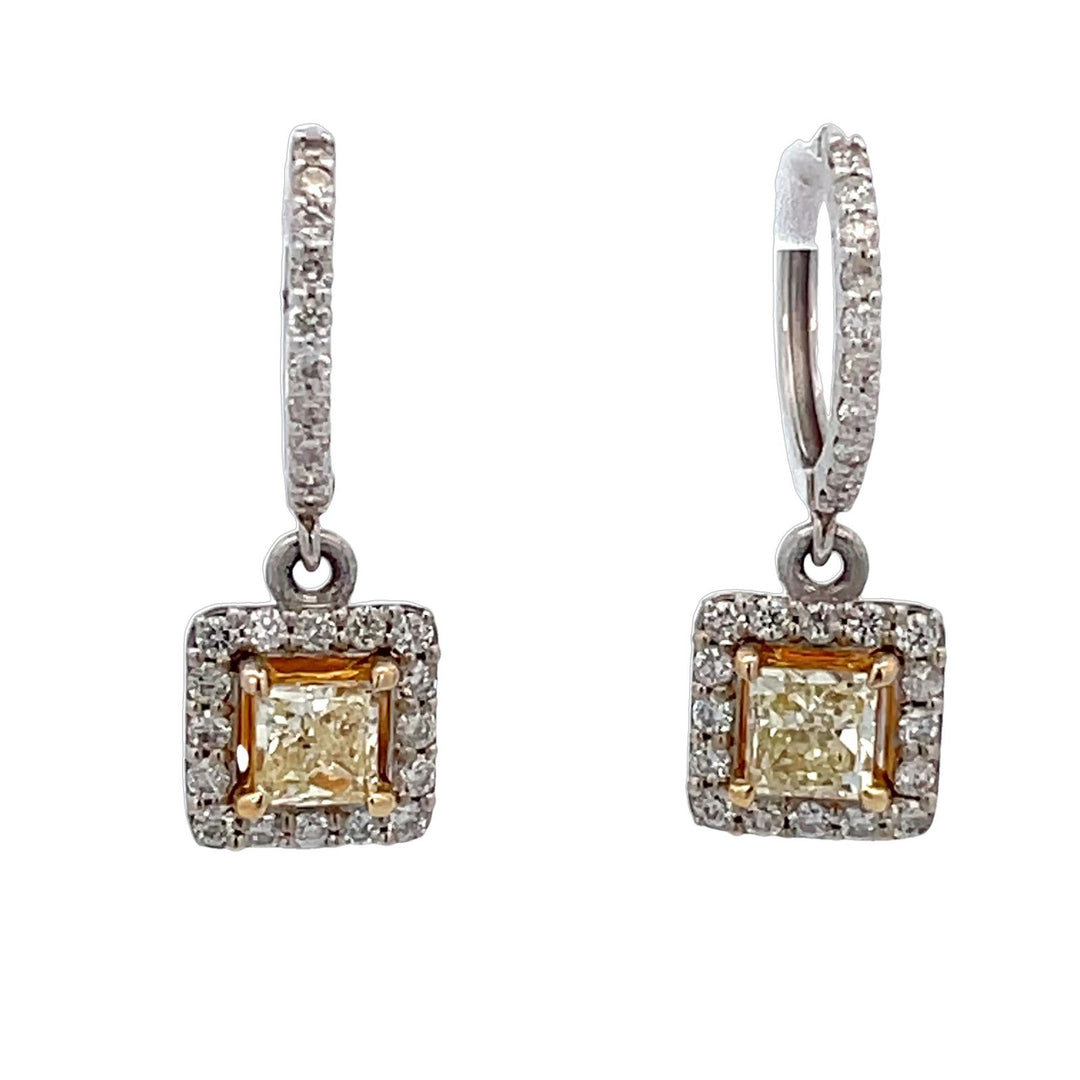 Halo dangling earring with shared prong set rounds around FY princess cut diamond centers.  D1.50ct.t.w.