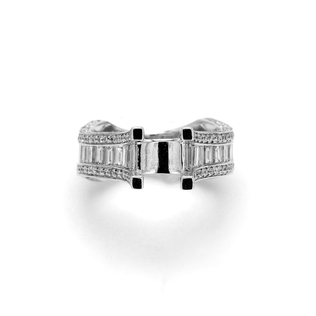 Semi-mount with square bottom shank, pave set rounds & graduated channel set baguette diamond sides.  D4.60ct.t.w.
