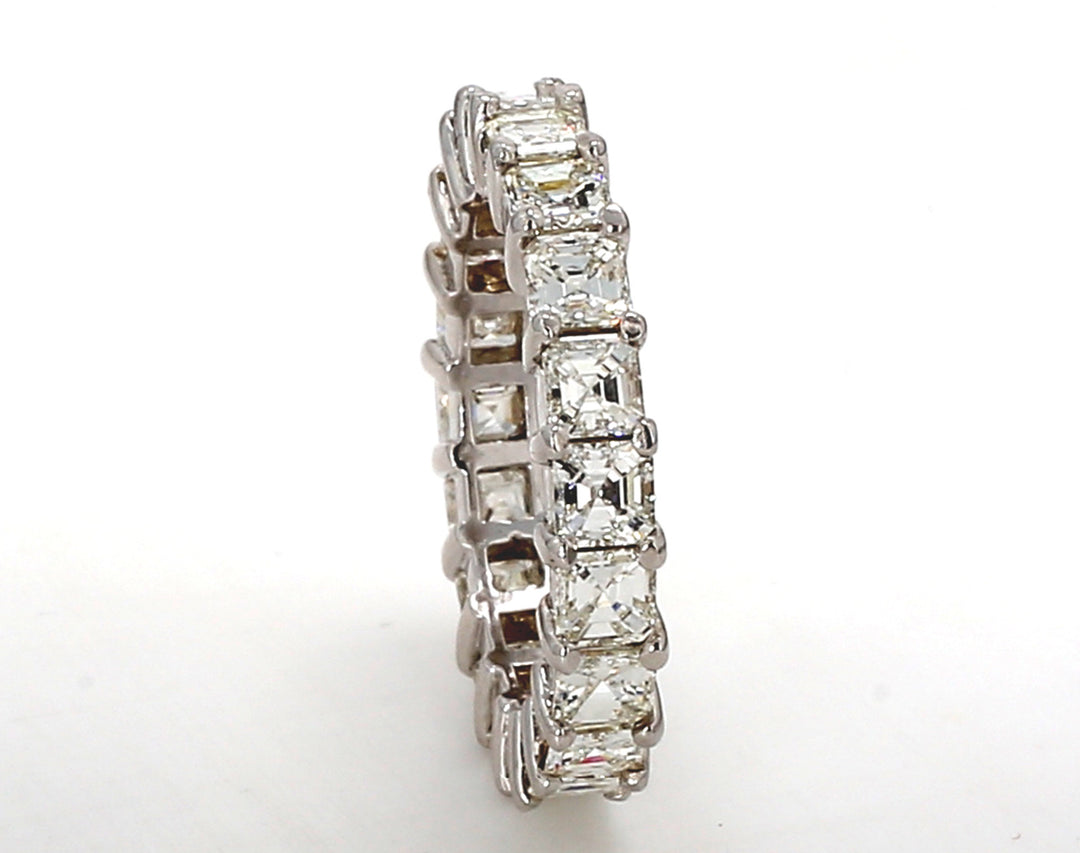 Eternity band with shared prong set (20) asscher cut diamonds.  D3.87ct.t.w.  Size 7