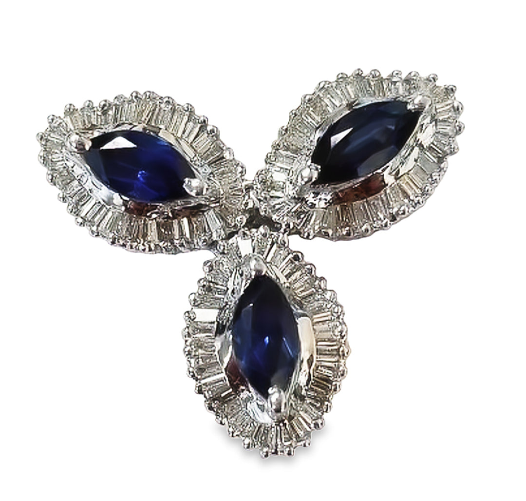 Sapphire slider pendant with prong set marquise shaped sapphires and baguette diamonds.  D2.50ct.t.w.  Sapphire 2.25ct.t.w.