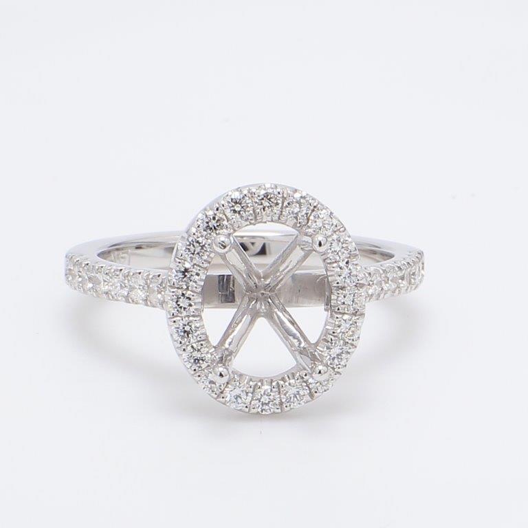 Halo semi-mount with shared prong set round diamonds.  D0.53ct.t.w.