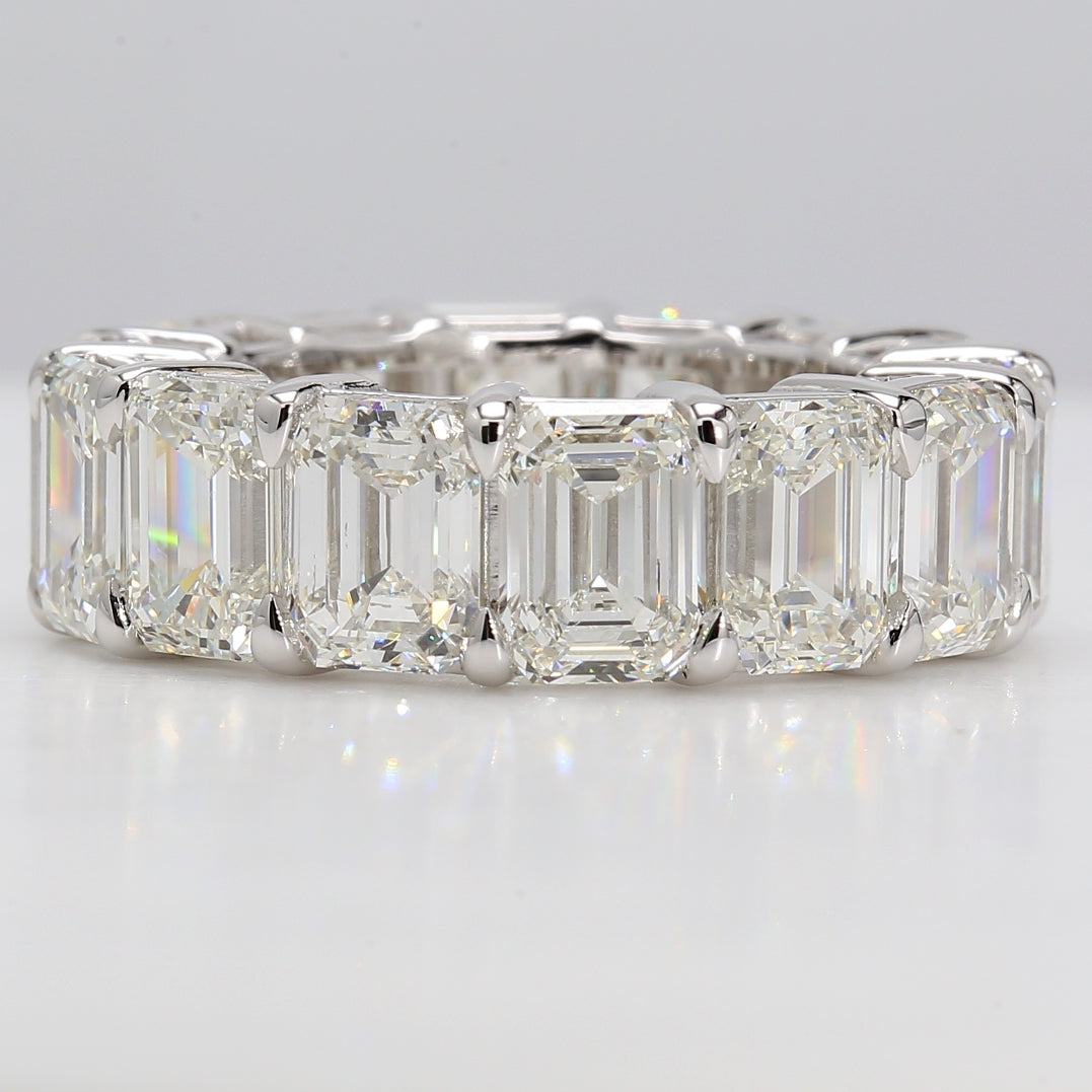 Eternity band in platinum with basket claw set GIA certified H-J/VVS1-VS1 (14) emerald cut diamonds.  D14.92ct.t.w.  Size 5.5