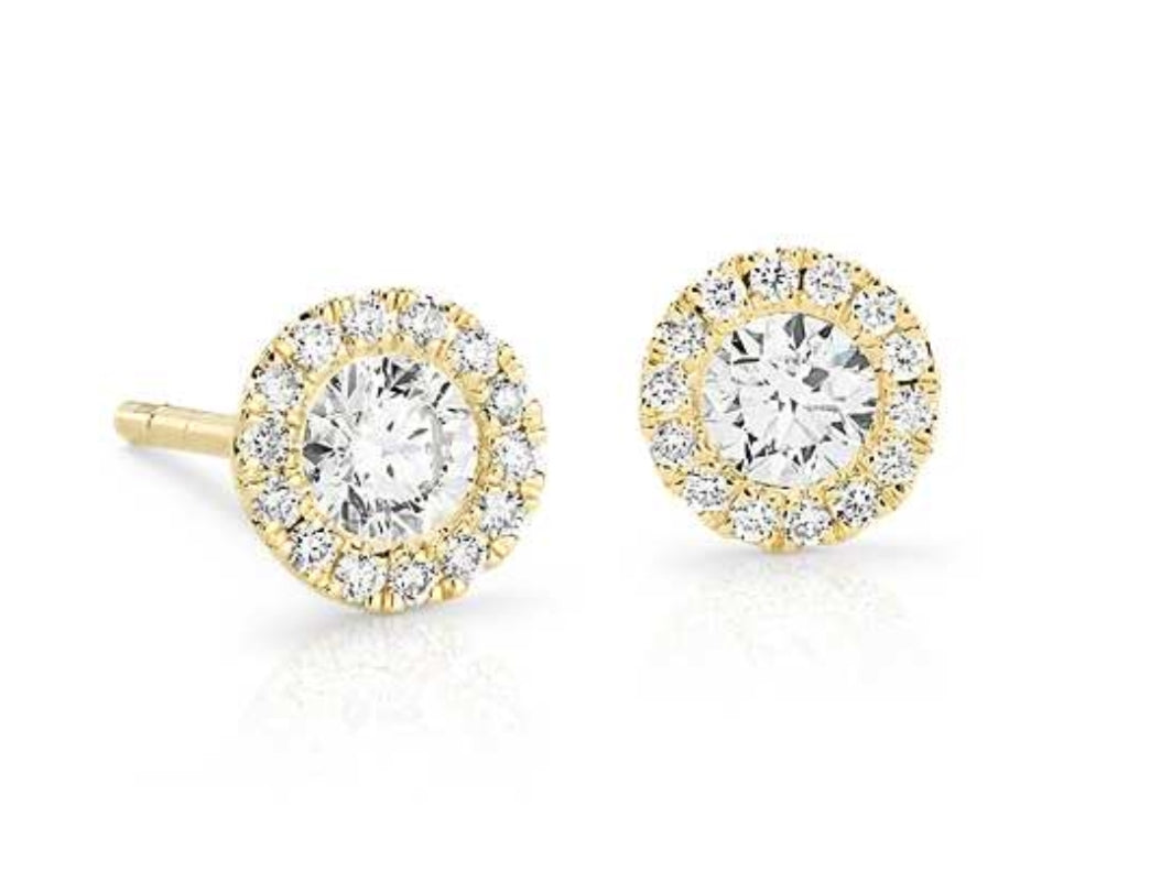 Halo stud earrings in yellow gold with pre-set rounds around prong set round diamond centers.  D1.52ct.t.w.  (Centers 0.82ct.t.w.)