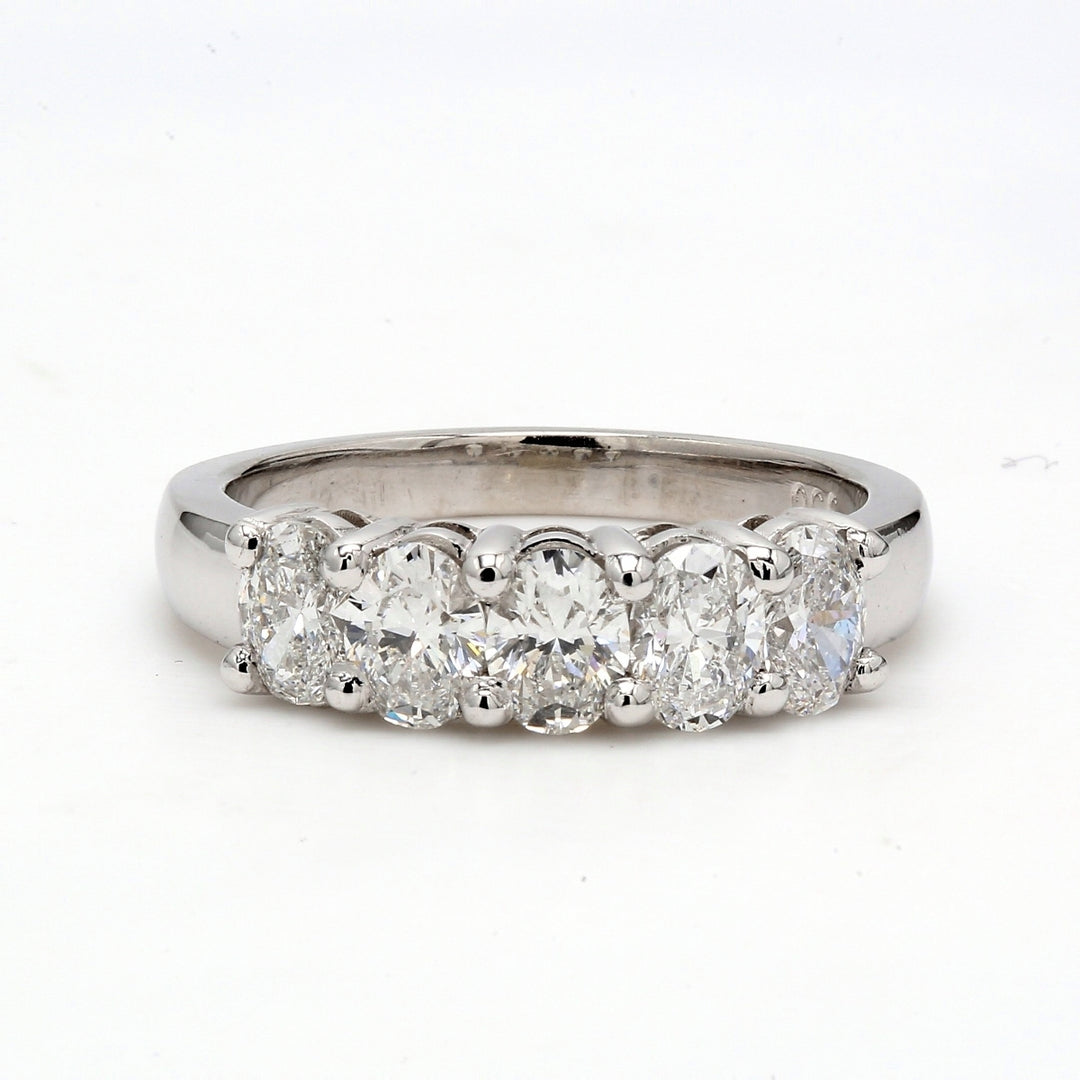5-stone band in platinum with shared prong set oval cut diamonds.  D1.44ct.t.w.  Size 7