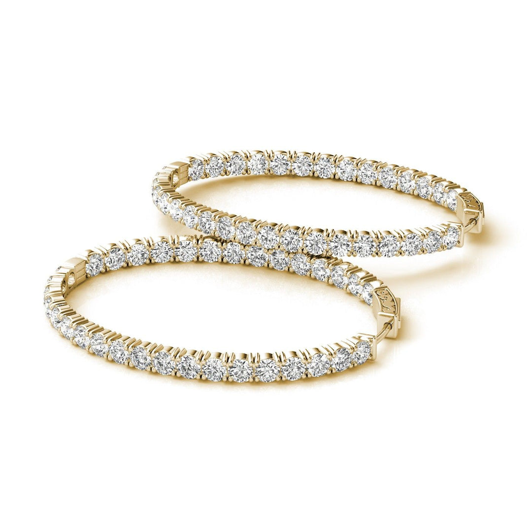 1.25"" Inside out hoop earrings in yellow gold with prong set (76) round diamonds & with special spring lock.  D1.61ct.t.w.