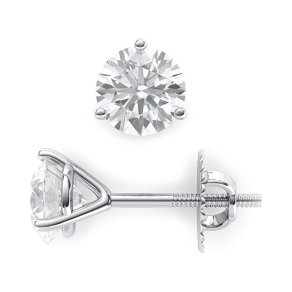 Screw back martini style stud earings with 3-prong set USA certified G-H/SI1 round diamonds.  D0.90ct.t.w.