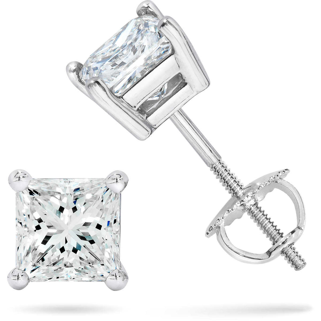 Screw back stud earrings with 4-prong set USA certified D-E/I1 princess cut diamonds.  D2.32ct.t.w.